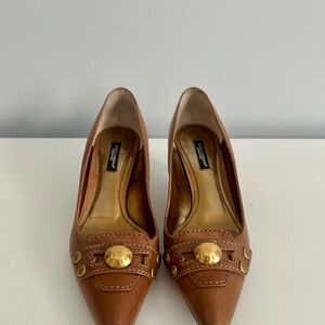 Dolce & Gabbana Brown Leather Kitten Heels with Gold Accents